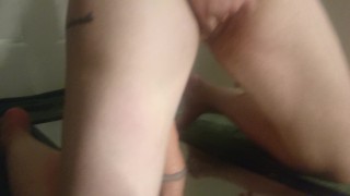 Horny slut rides 12" monster dildo and squirts
