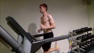 Teen after a workout in the gym and pool, jerking off his cock in a public sauna