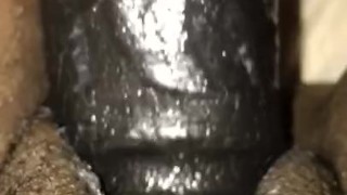 Close-Up Ebony Shoving 9” Dildo in Hairy Pussy