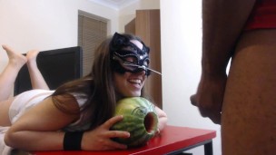 blowjob and melon fucking. 1 guy 1 girl and a melon.