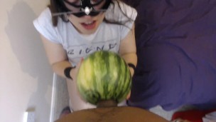 blowjob and melon fucking. 1 guy 1 girl and a melon.