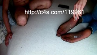 Condom over chastity, cumshot and cum cleanup from pantyhose soles