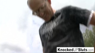 Knocked up slut takes care of a cock outdoors