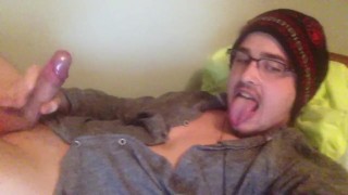 Guy Sticks His Long Tongue Out Before Cumming On His Face & Glasses!