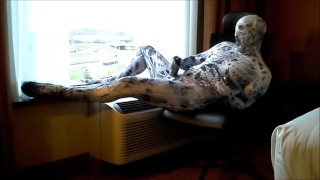arachnaphobia zentai cums into black condom