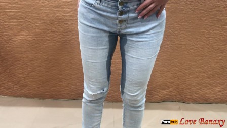 Piss in Jeans and Stuffing Wet Panties Inside Pussy, Masturbating