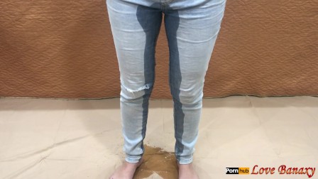 Piss in Jeans and Stuffing Wet Panties Inside Pussy, Masturbating