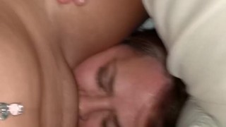 Hot girl riding my face while I'm getting fucked with big old white dick