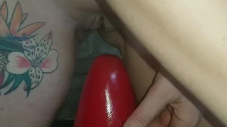 Stretching my pussy on huge dildo, giant plug and sexy fisting