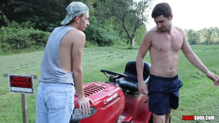 Redneck boys fuck over a lawn mower Bareback