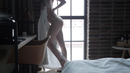 Romantic morning sex by the window. Standing fuck and facial cumshot