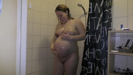 pregnant showering and boob cumshot