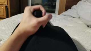 Femboy jerking off and cumming through leggings