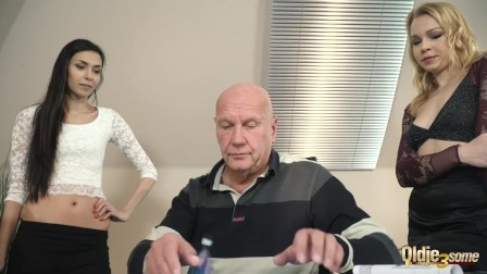Old manager at the office fucks his two beautiful assistants tight pussy