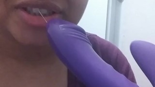 Ebony milf Deep throating toy with pussy juices on it