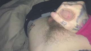 Close up cumshot from big hairy tattooed pierced dick