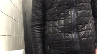 amazing JERK OFF and a HUGE CUMSHOT in a PUBLIC TOILET