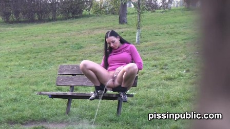 Peeing babes empty their bladders in a park being part of voyeur pee video