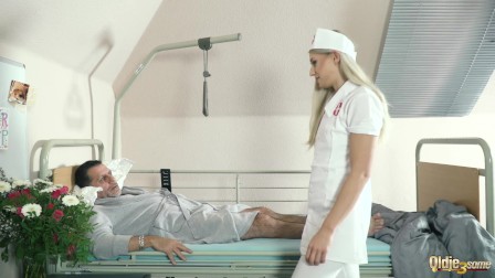 teen nurses fuck old grandpa in a fake hospital bed and give sloppy blowjob