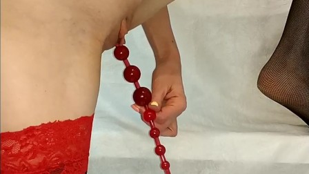 Sensual Masturbation by Red Sex Toy Beads