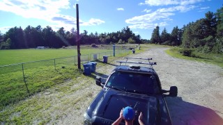 Playing with cock on truck hood