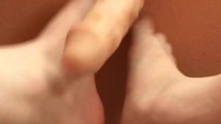 First time practicing footjob on 8” dildo