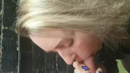 Fucked wife at work in an alleyway + Oral creampie