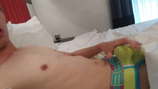 uncut jerking off in mesh underwear cum all over