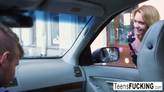 Busty blonde teen Lana See fucks in the kitchen