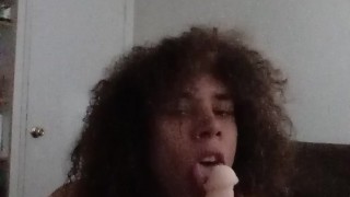 Crossdresser in pink lingerie sucks dildo then cums