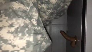 Black soldier rides dildo and cums pt 1