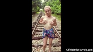 Tight Teen Masturbating & Flashing on Railroad Tracks