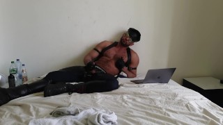 Leather hunk in chaps with gloves masturbating to porn (Paul Europe)