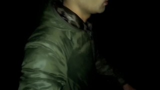 Night outdoor walking with face covered by cum and cum tasting (full vid)