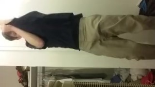 Shaved-smooth sissyboy femboy bisexual male slut strips strokes cock