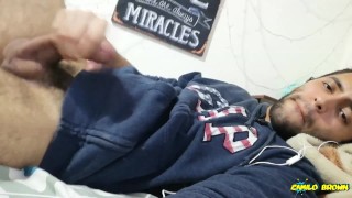 Jerking my big cock with a huge cum shot and eating my cum - Camilo Brown