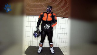 RubberBikerPup with new FOX Comp R boots and protective gear