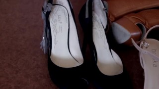 Girl tries on high heeled shoes, caresses her legs, feet and wet pussy