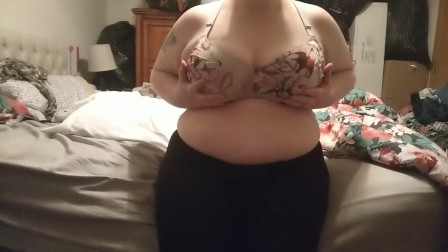 Horny bbw strips and cums on toy for you