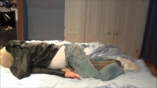 leather jacketed guy in white socks and jeans cum on his pantyhosed dummy