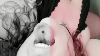 Tattooed light skinned woman with big tits playing in lingerie in bathroom