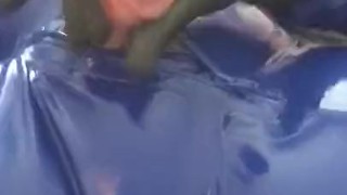 Jerking Off in Blue Neck Entry Catsuit
