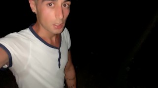 Horny sweaty twink jerks off while friends are camping near