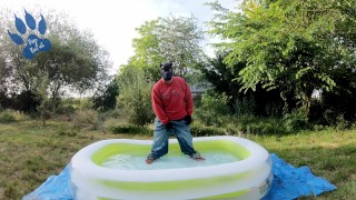 Baggy Pup cooling down in pool (with sneakers and cumshot)