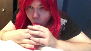 Sissy crossdresser sucks her cum off a dildo for daddy!