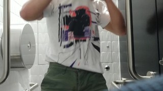 Hot asian dude got horny at the museum, shot a load in the public toilet