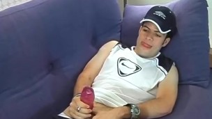 European guy working on his dick with fleshlight