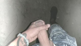 Night vision outdoor cumshot while walking POV