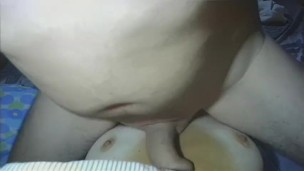 Man gets fucked by wife with strapon and he cum on tits