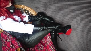 Redhead femboy sissy in leather clothes and high heels do anal